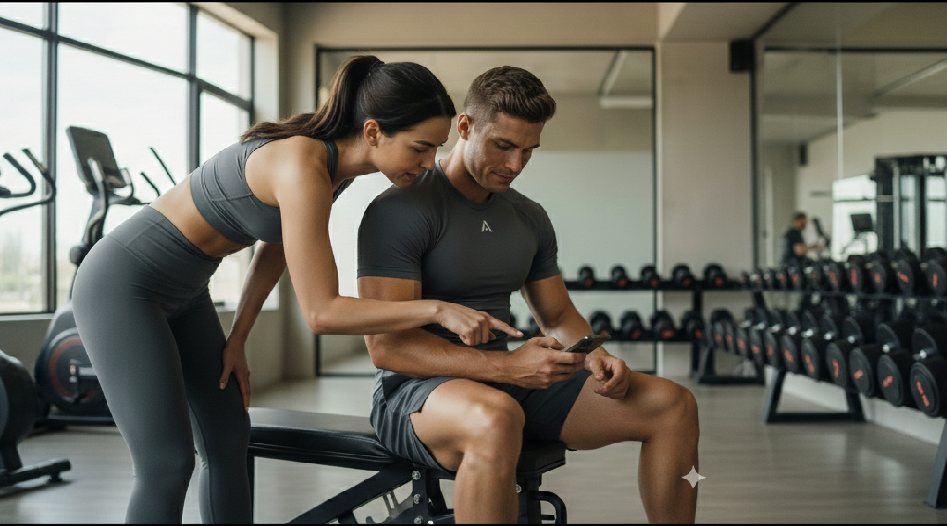 Two people in a gym setting, one showing something on a device to the other.