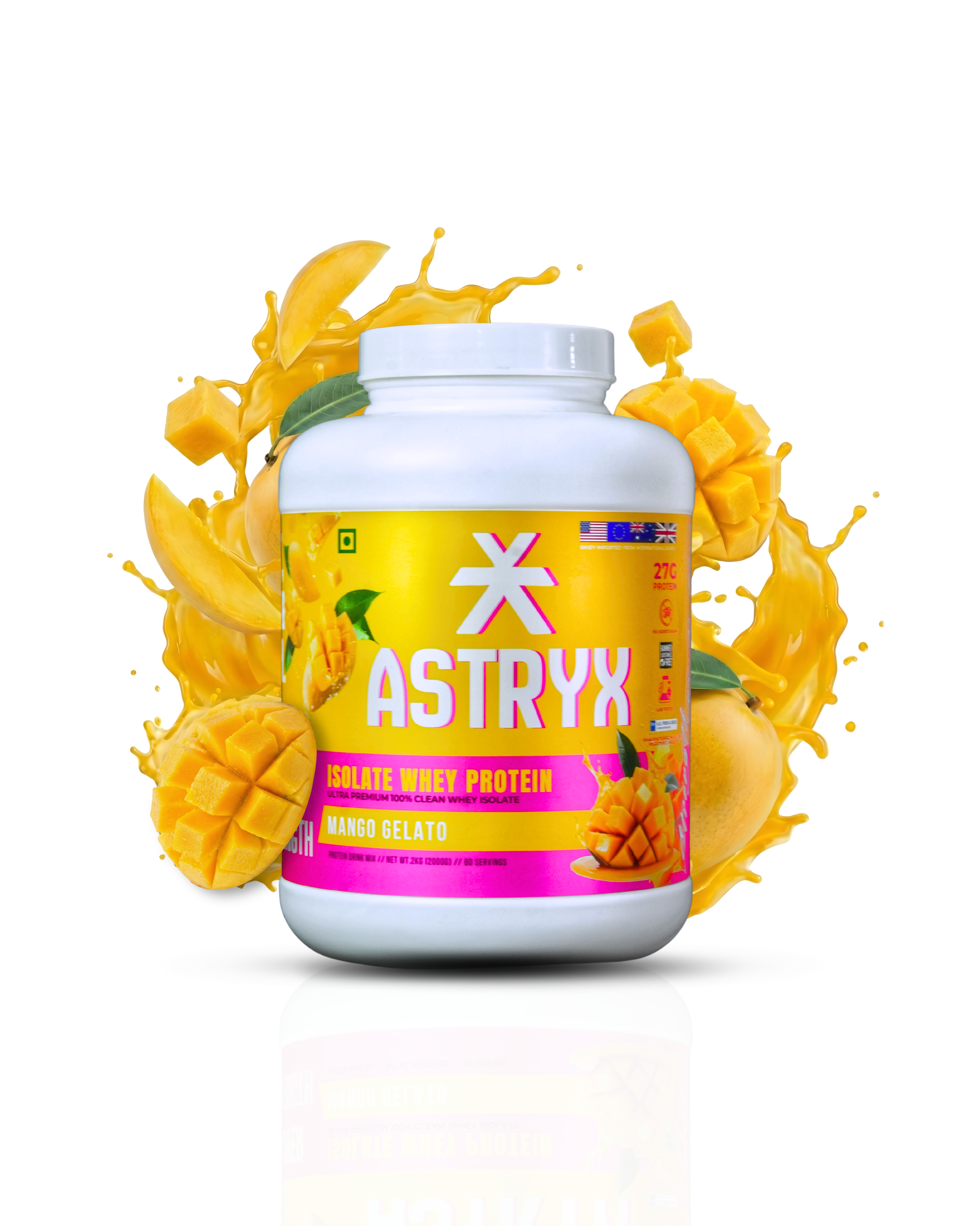 Astrayx protein powder container with mango gelato flavor 2kg
