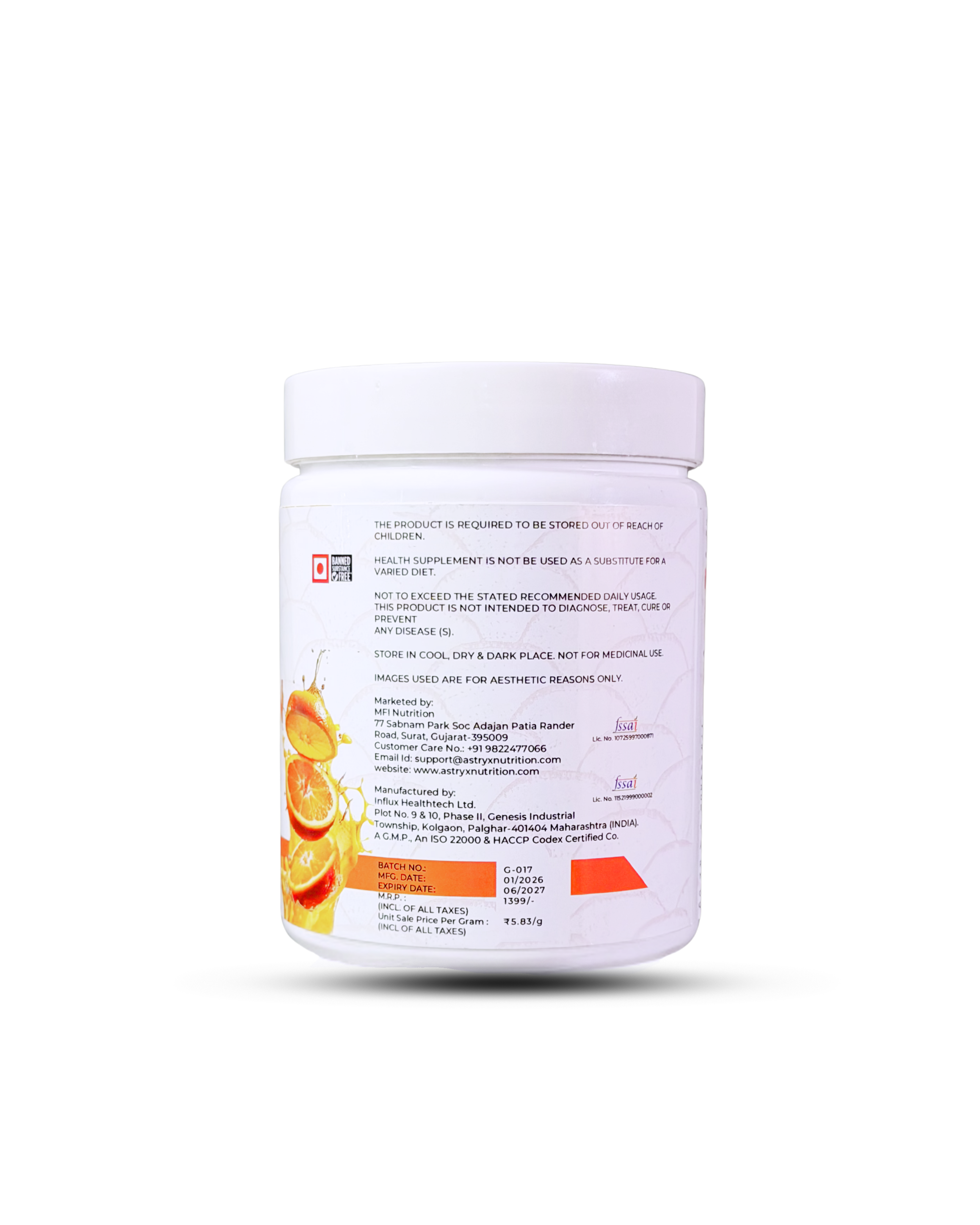 Astryx Marine Collagen powder container with amber citrus flavor with orange slices 240 g