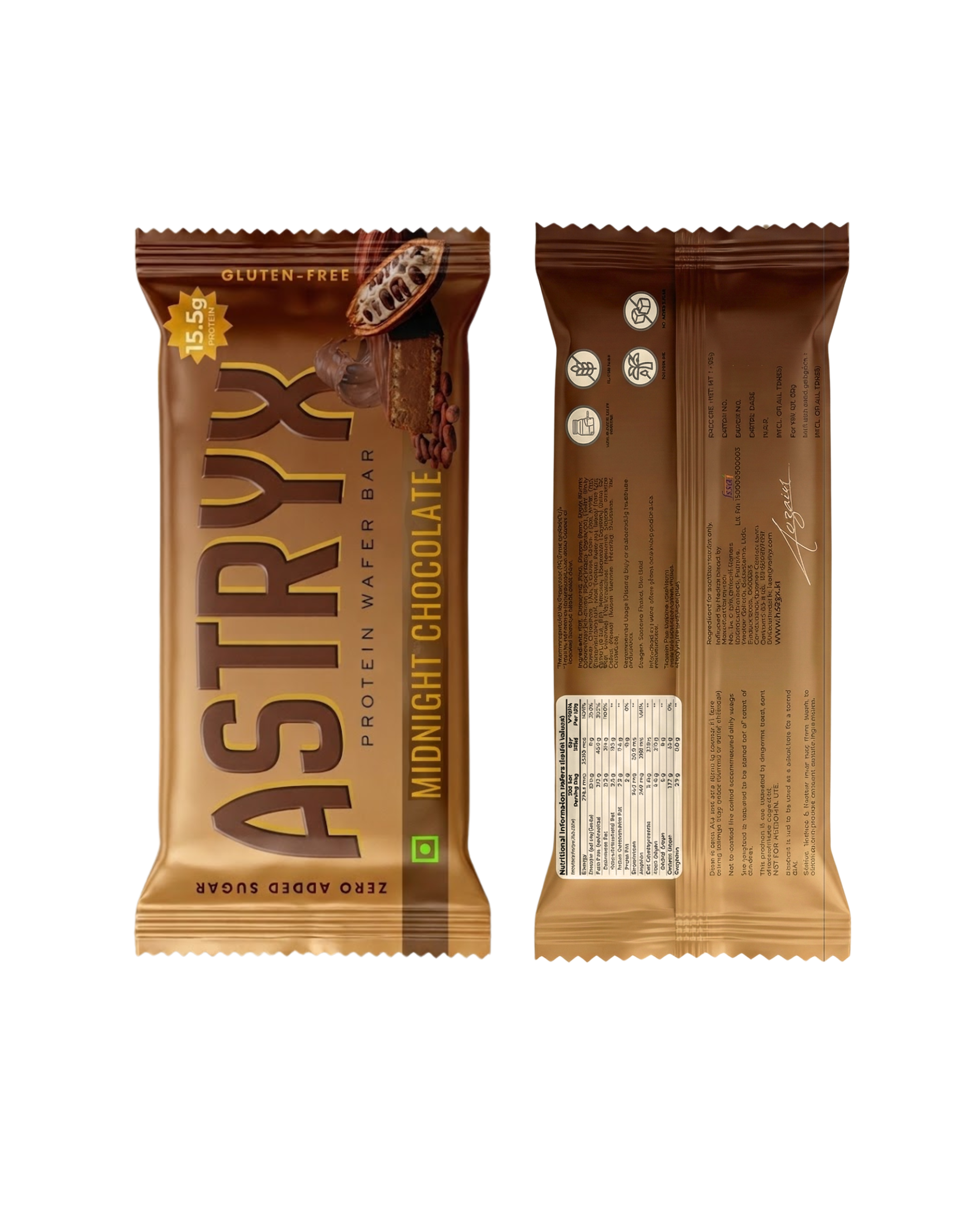 Astryx Obsidian Chocolate protein bar packaging with front and back views on a white background.
