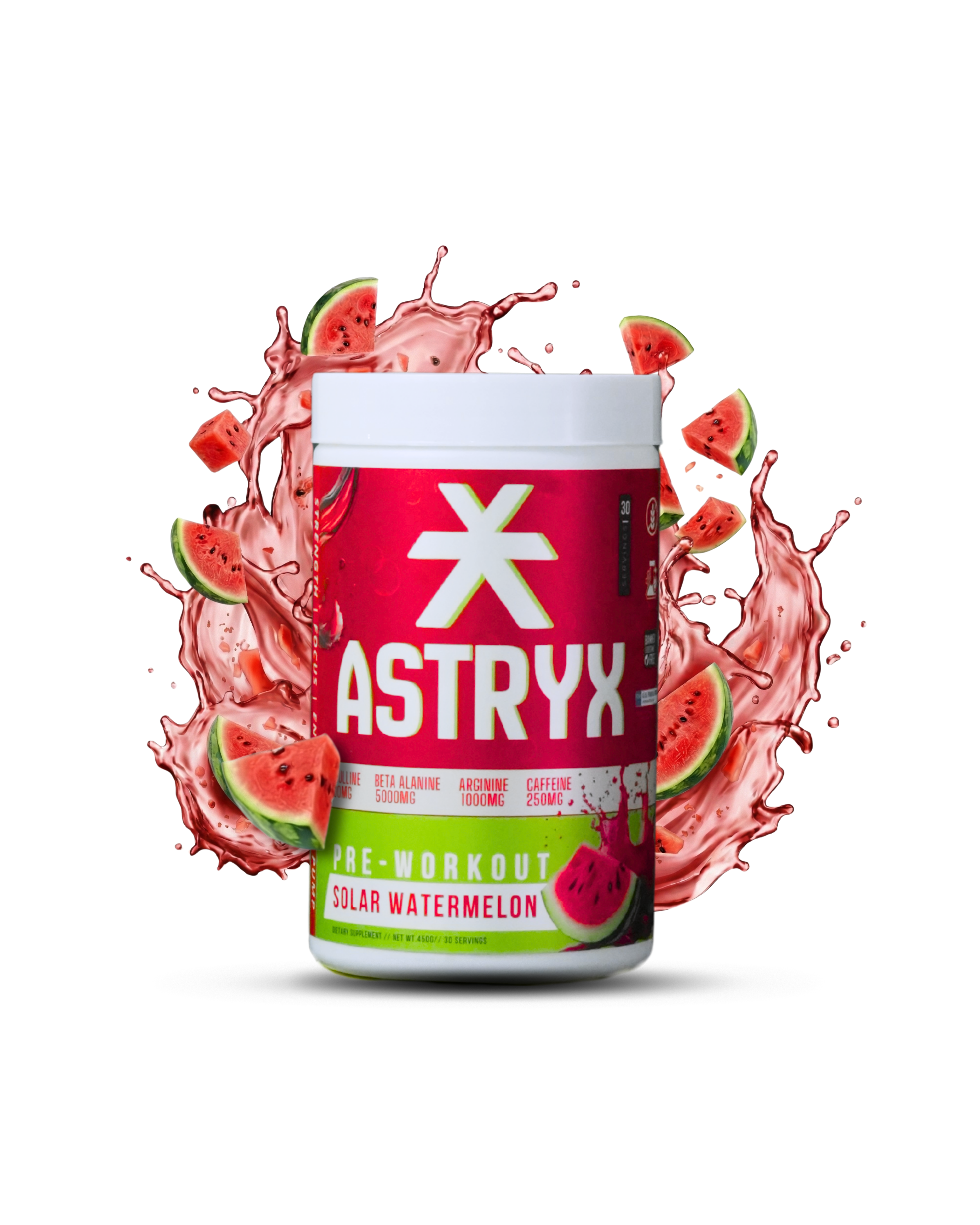 Astryx pre-workout supplement container with solar watermelon flavor 450 g