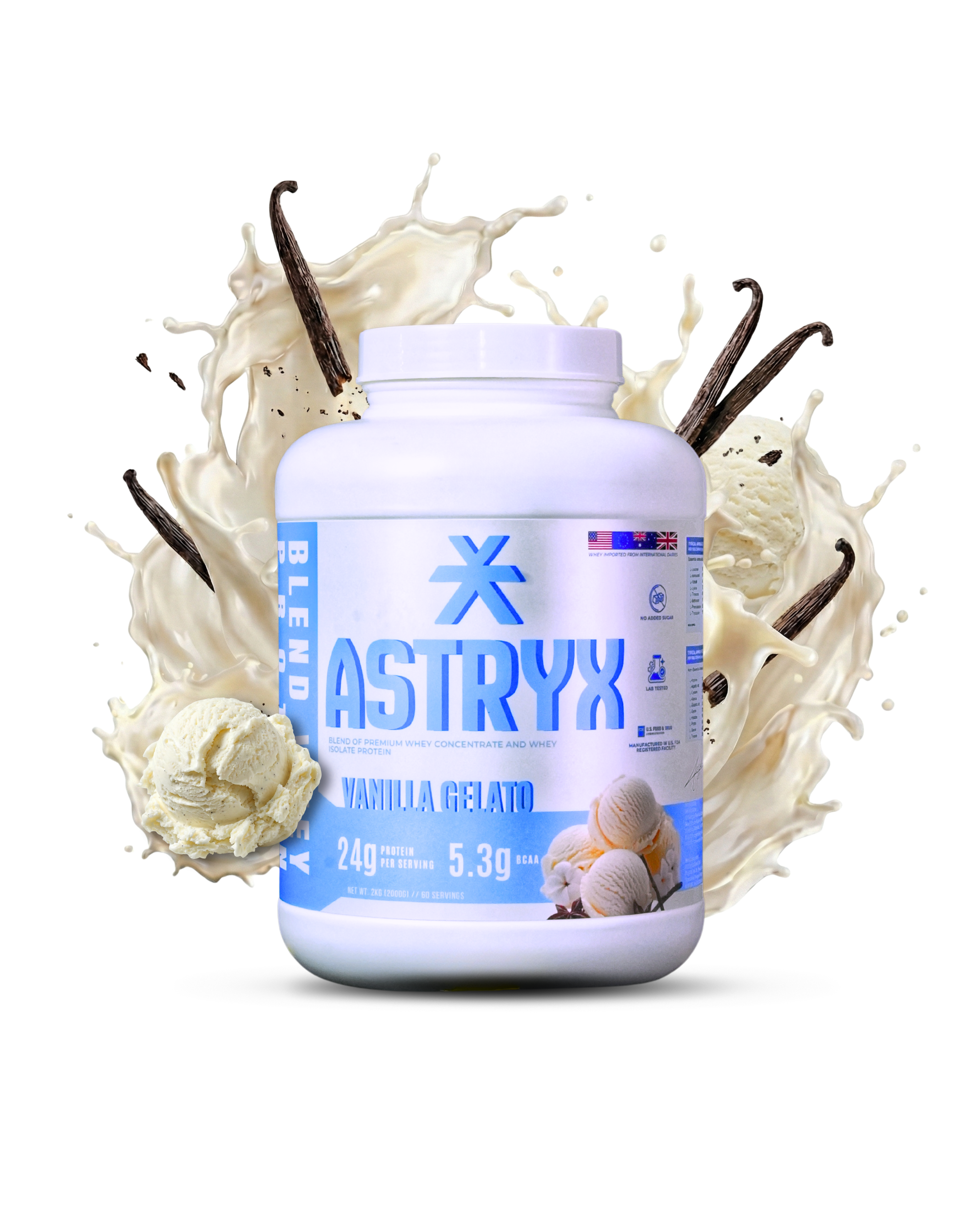Astryx Vanilla Gelato protein powder container with vanilla beans and cream on a white background 2 kg