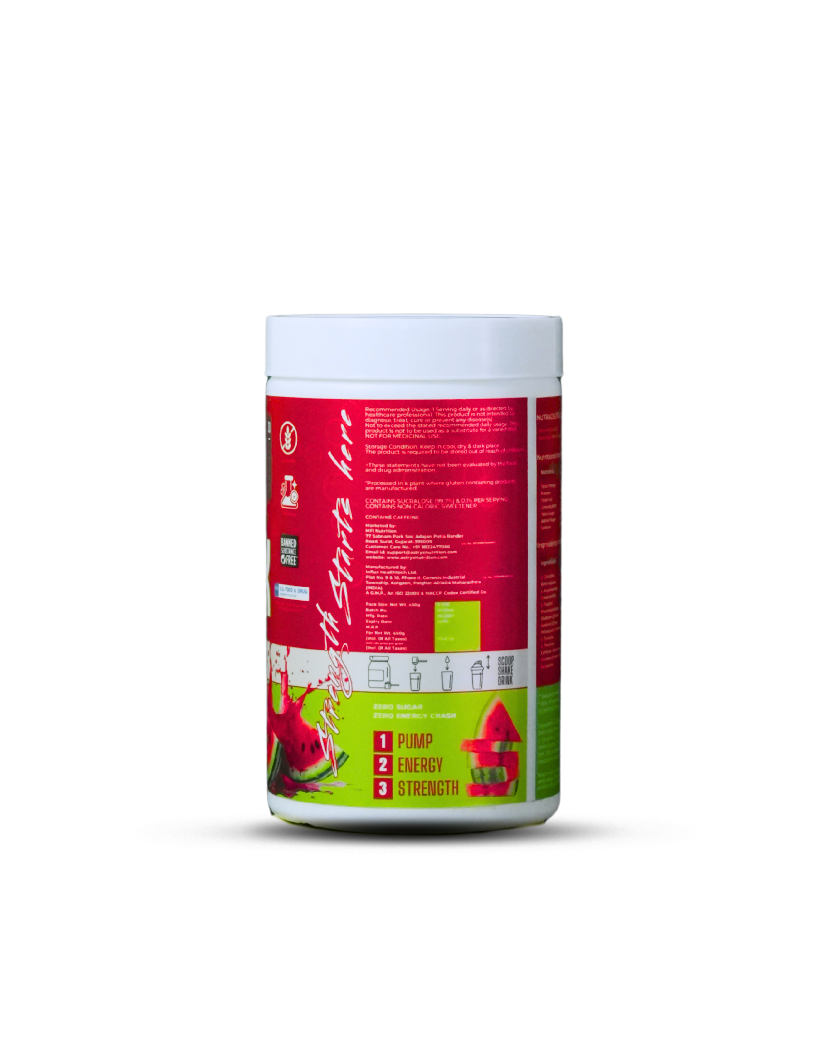 Astryx pre-workout supplement container with solar watermelon flavor 450 g