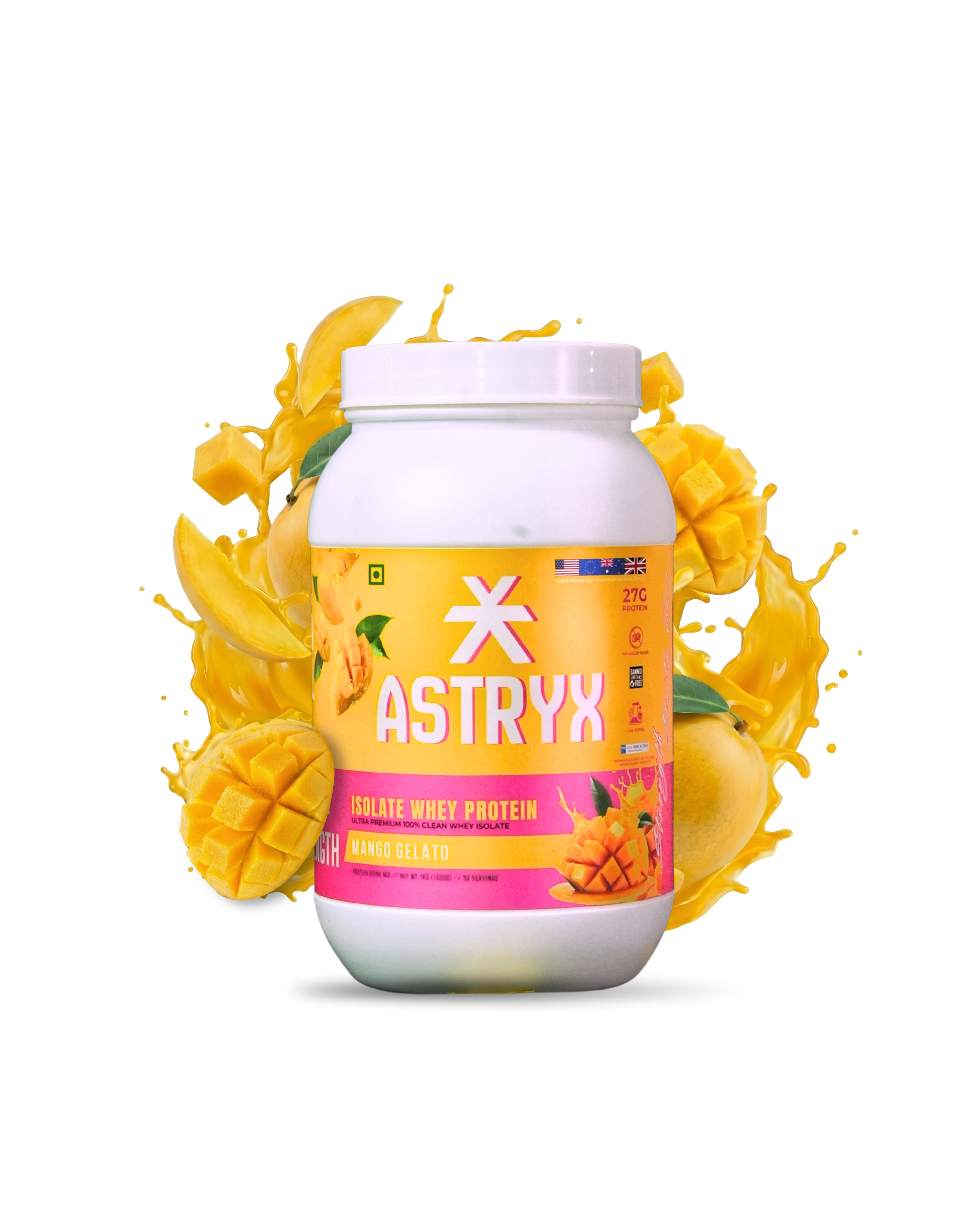 Astryx protein powder container with mango gelato flavor 1 kg