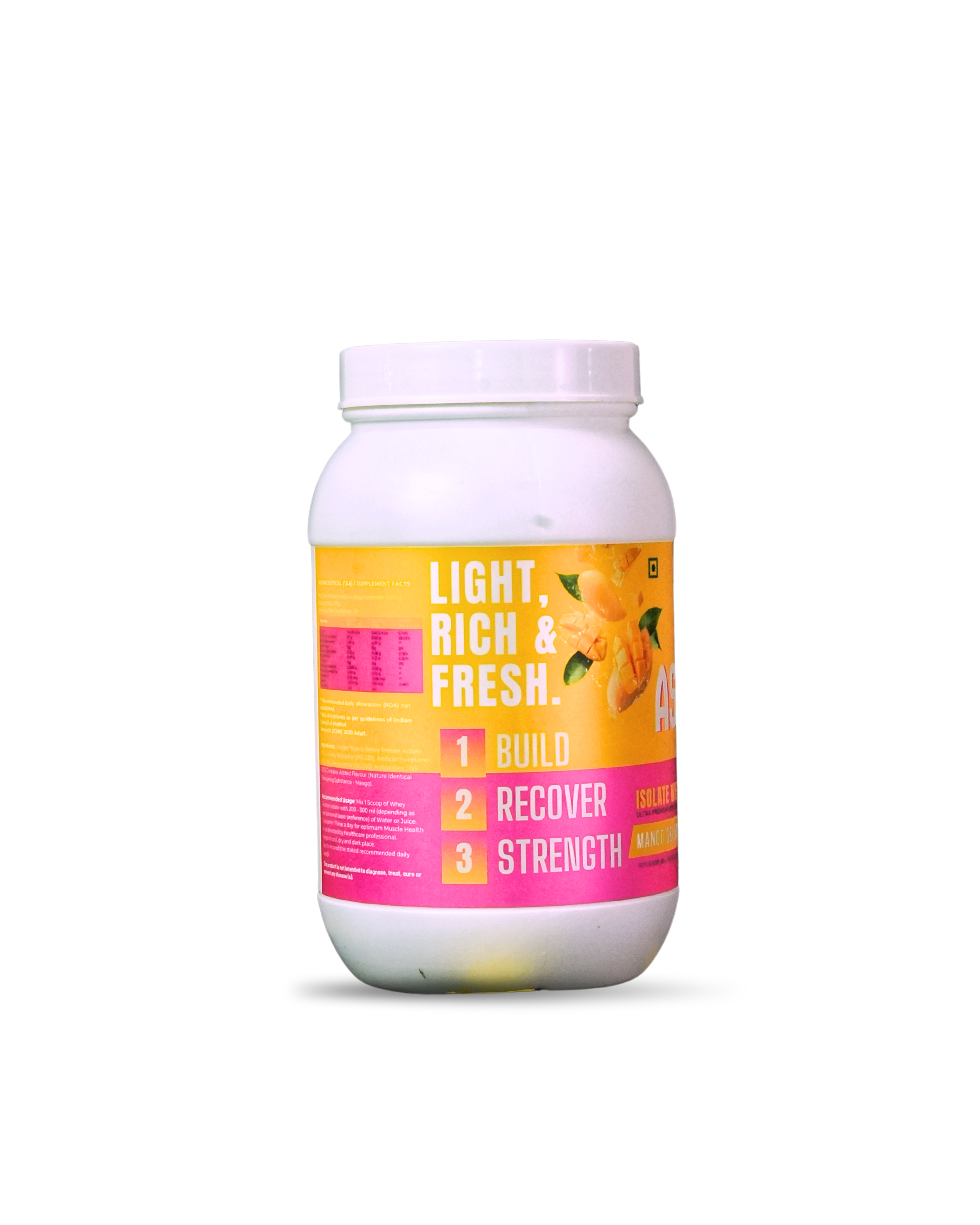 Astryx protein powder container with mango gelato flavor 1 kg side profile