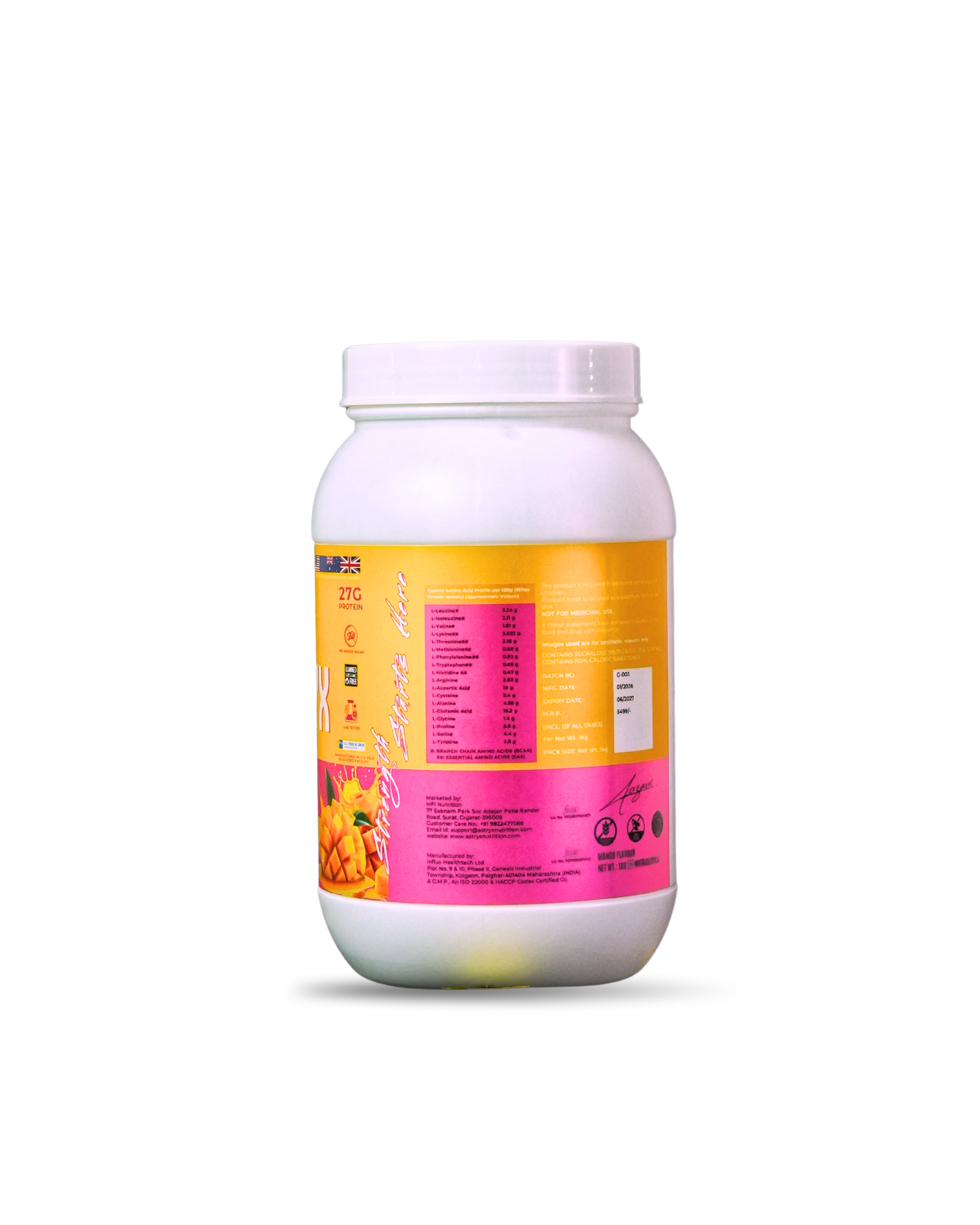 Astryx protein powder container with mango gelato flavor 1 kg back profile