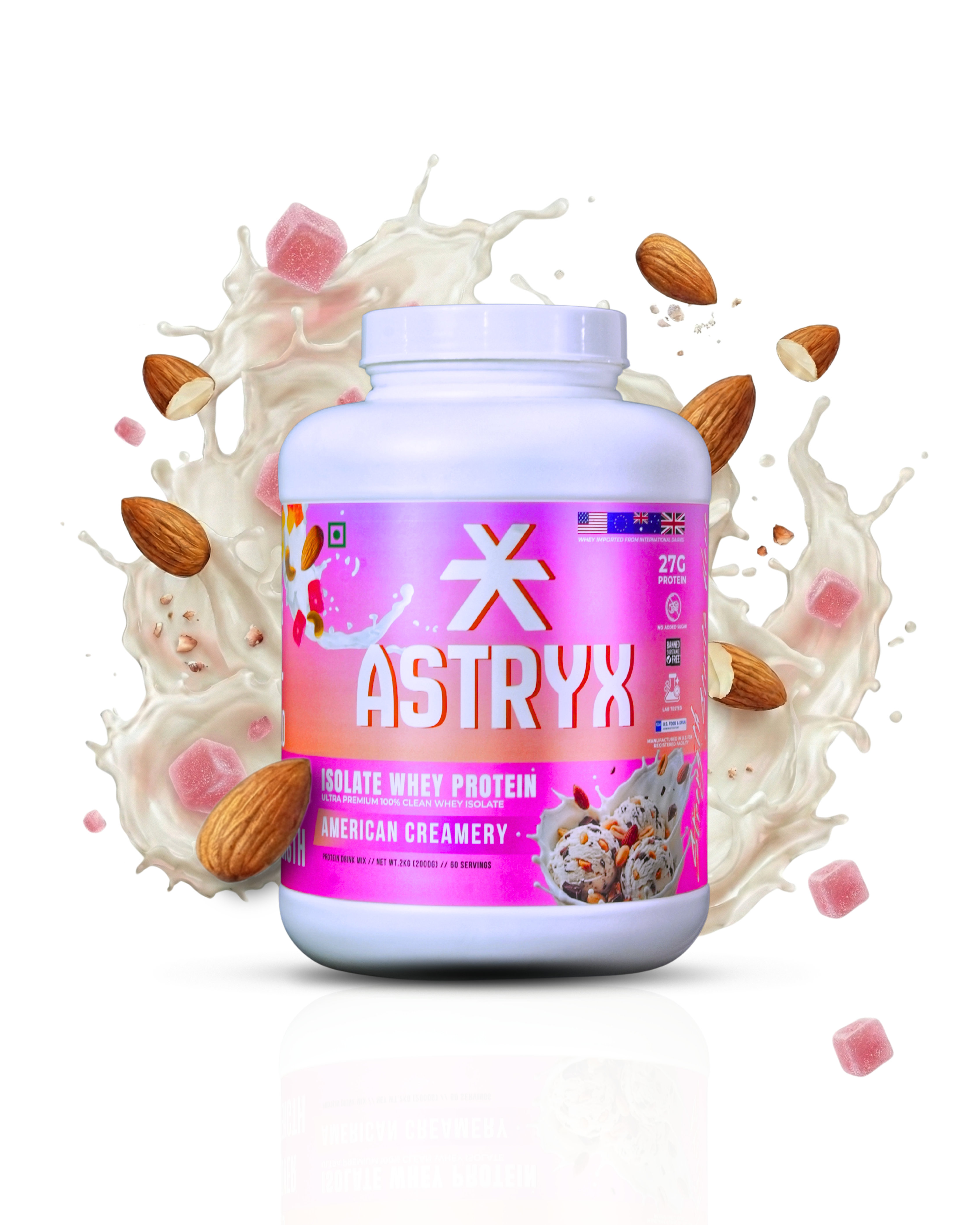 Astrayx protein powder american creamery flavor container with almonds and milk splash 2 kg