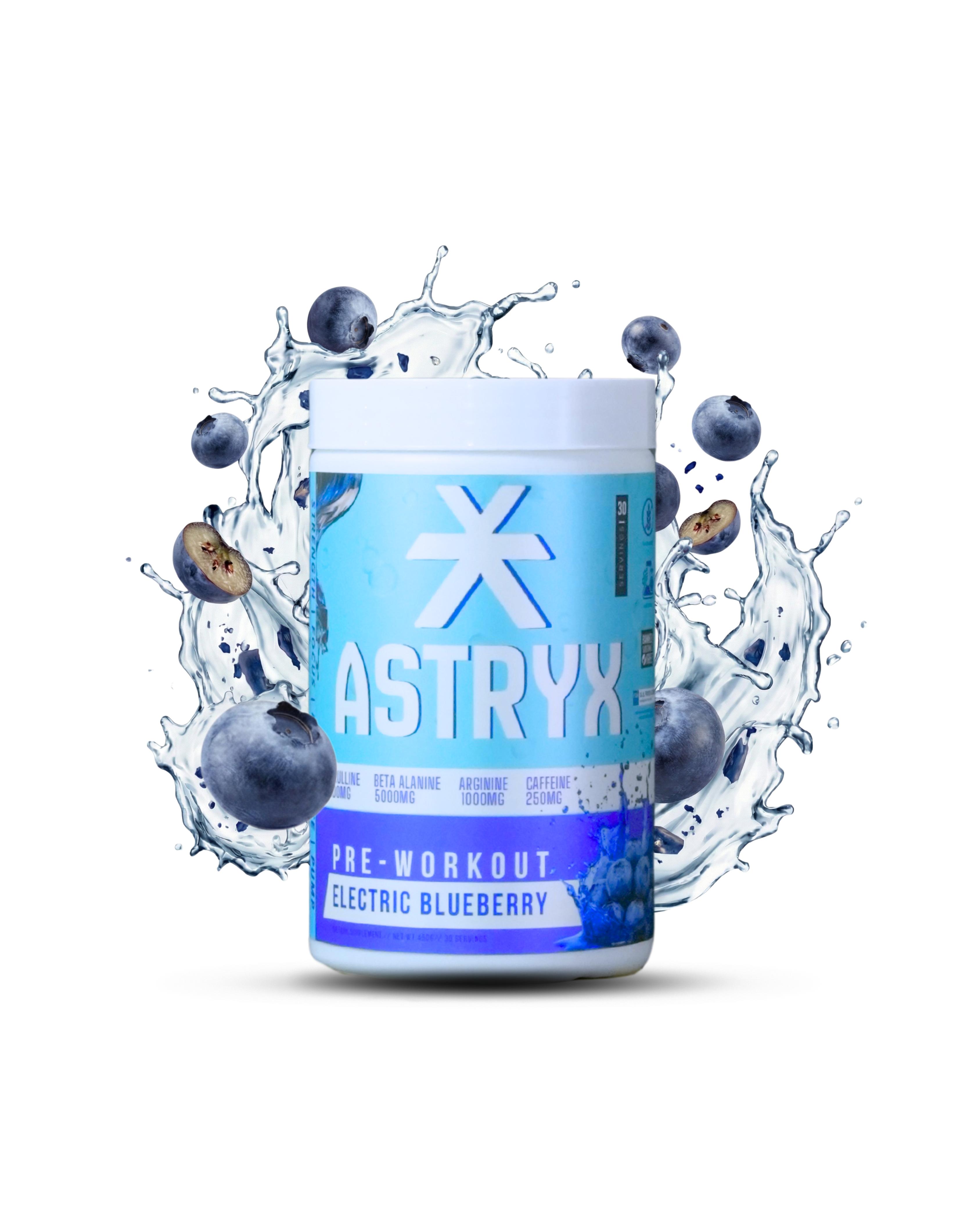 Astryx pre-workout supplement container with electric blueberry flavor 450 g