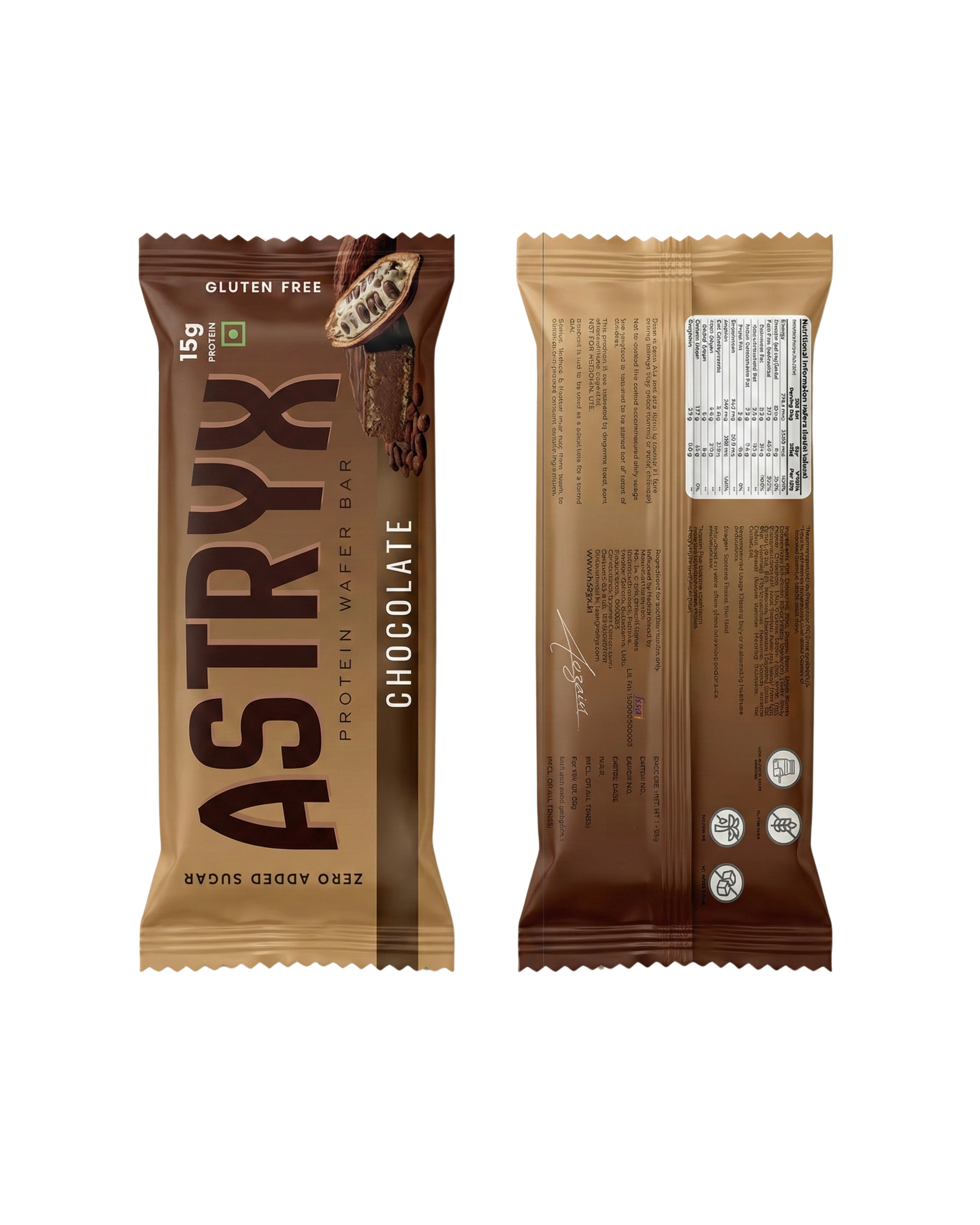 Astryx obsidian chocolate protein bar packaging with front and back views on a white background.