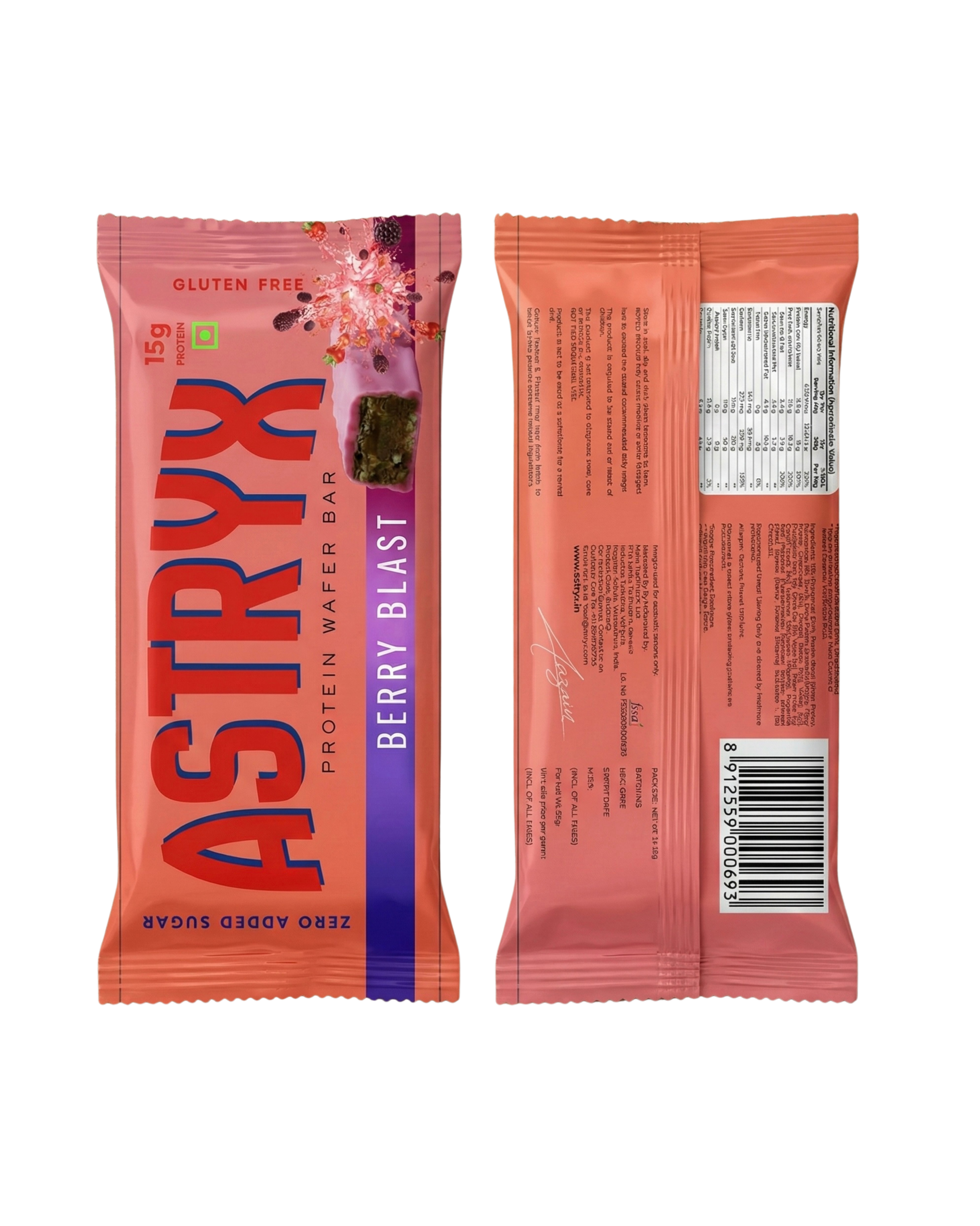 Astryx Berry Blast protein bar packaging with front and back views on a white background.