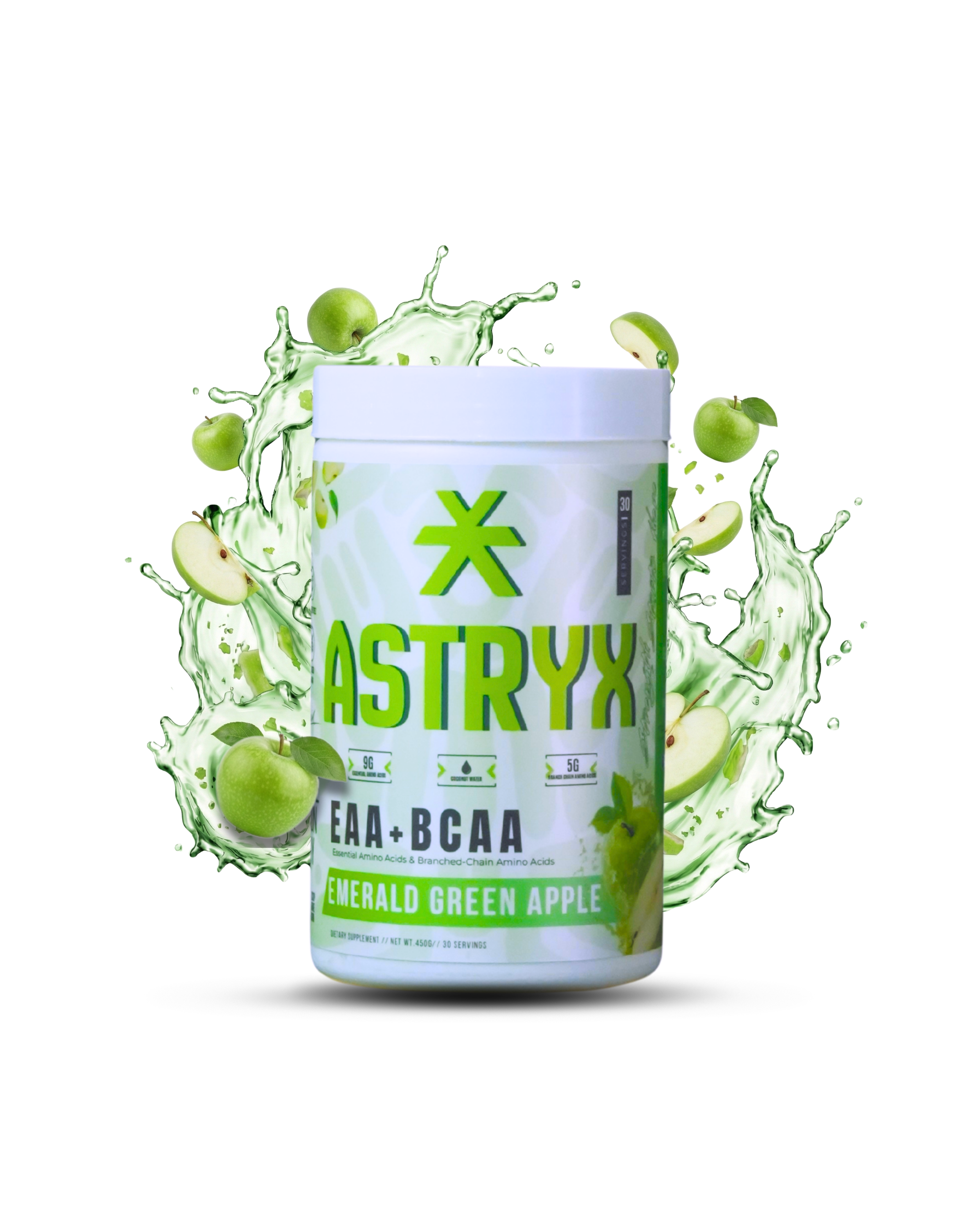 Astryx EAA BCAA supplement container with emerald green apple graphics 450 g
