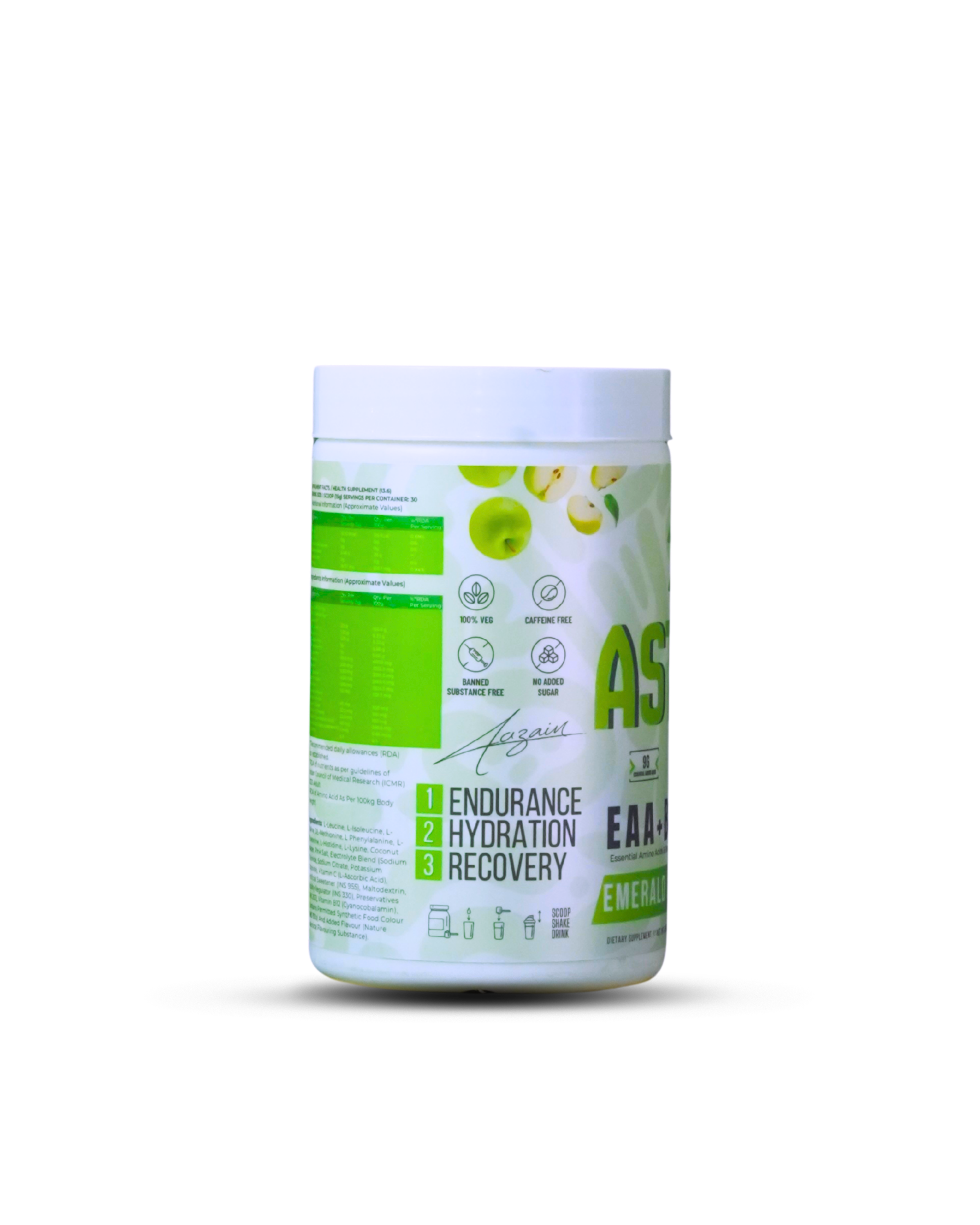 Astryx EAA BCAA supplement container with emerald green apple graphics 450 g