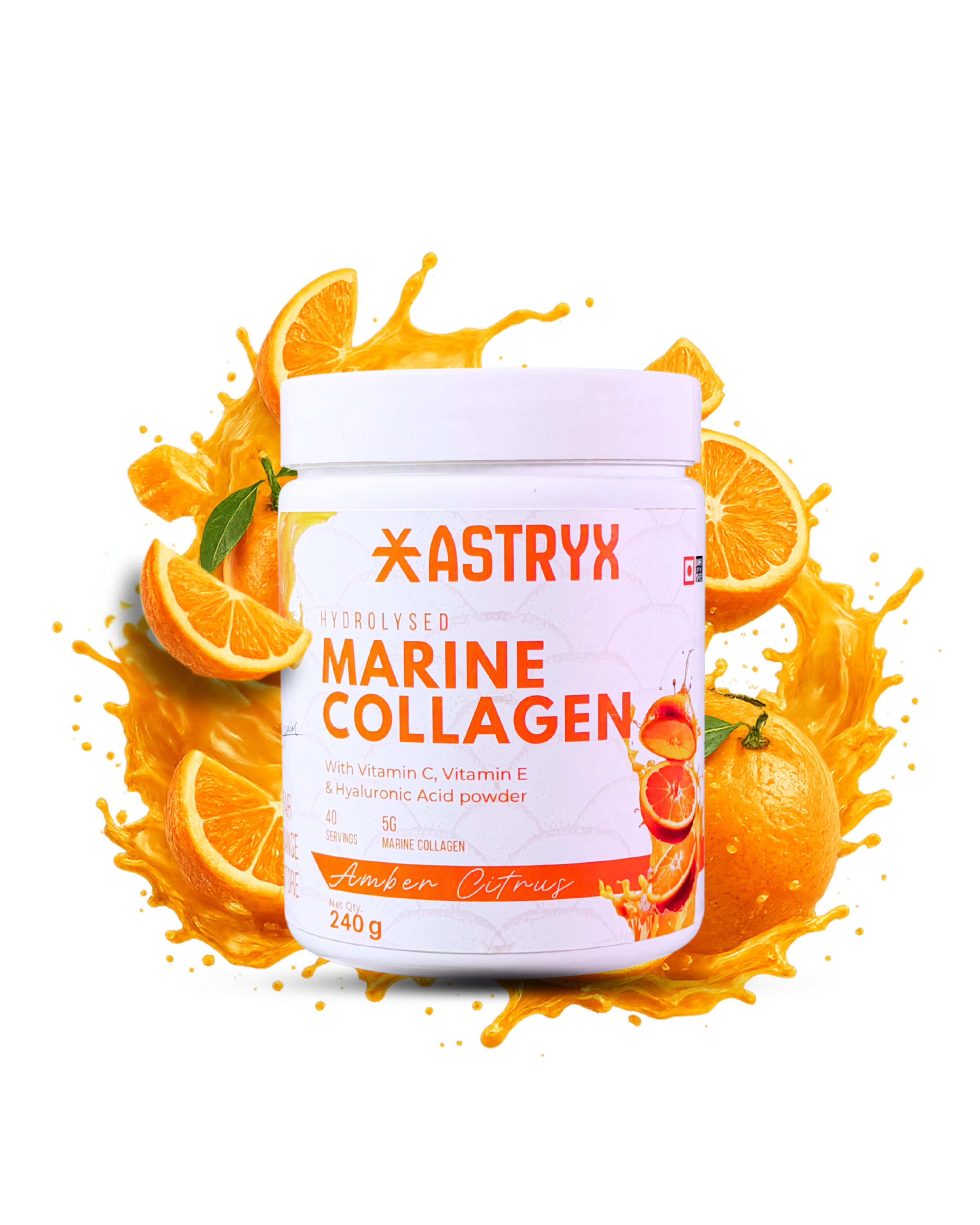 Astryx Marine Collagen powder container with amber citrus flavor with orange slices 240 g