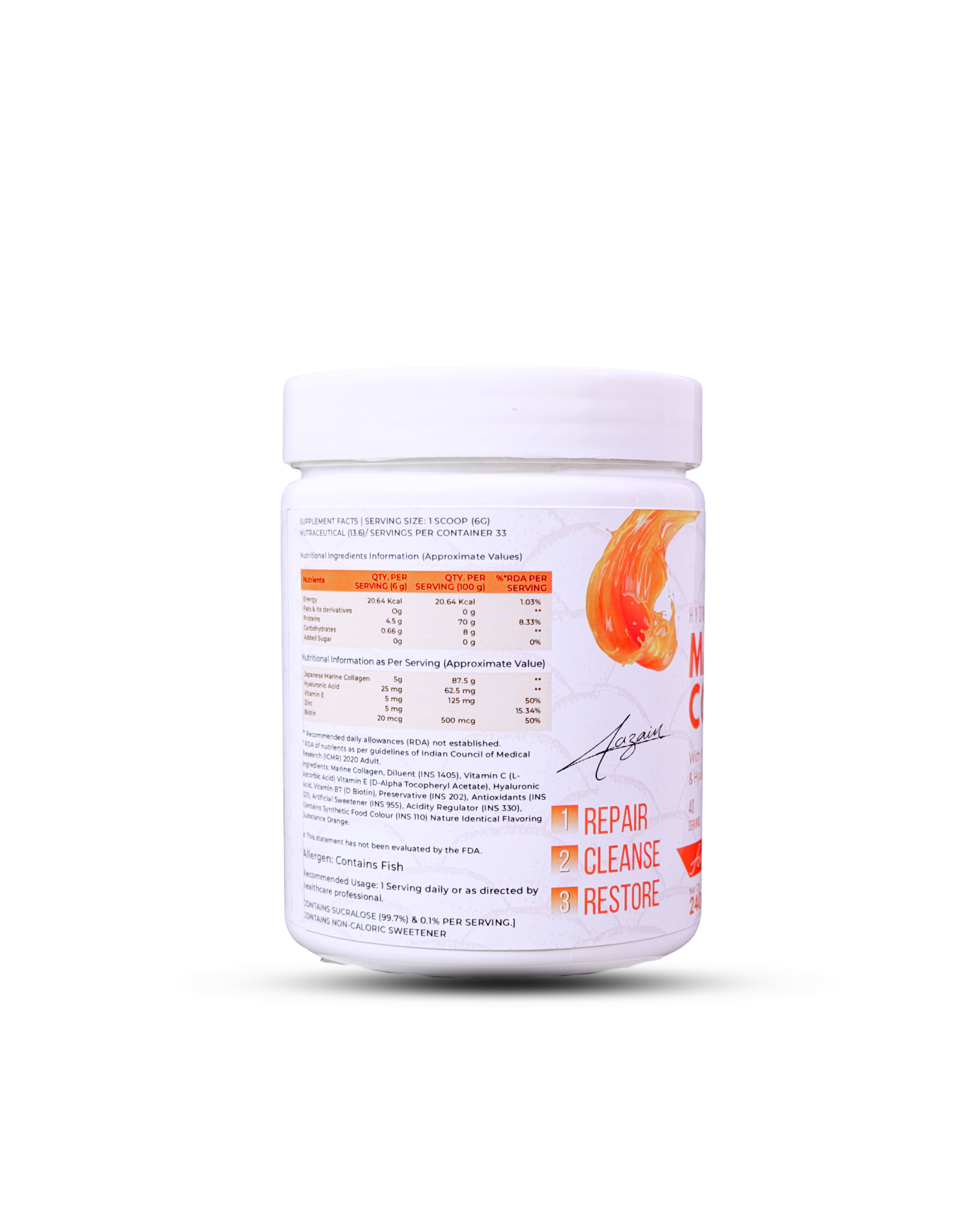 Astryx Marine Collagen powder container with amber citrus flavor with orange slices 240 g