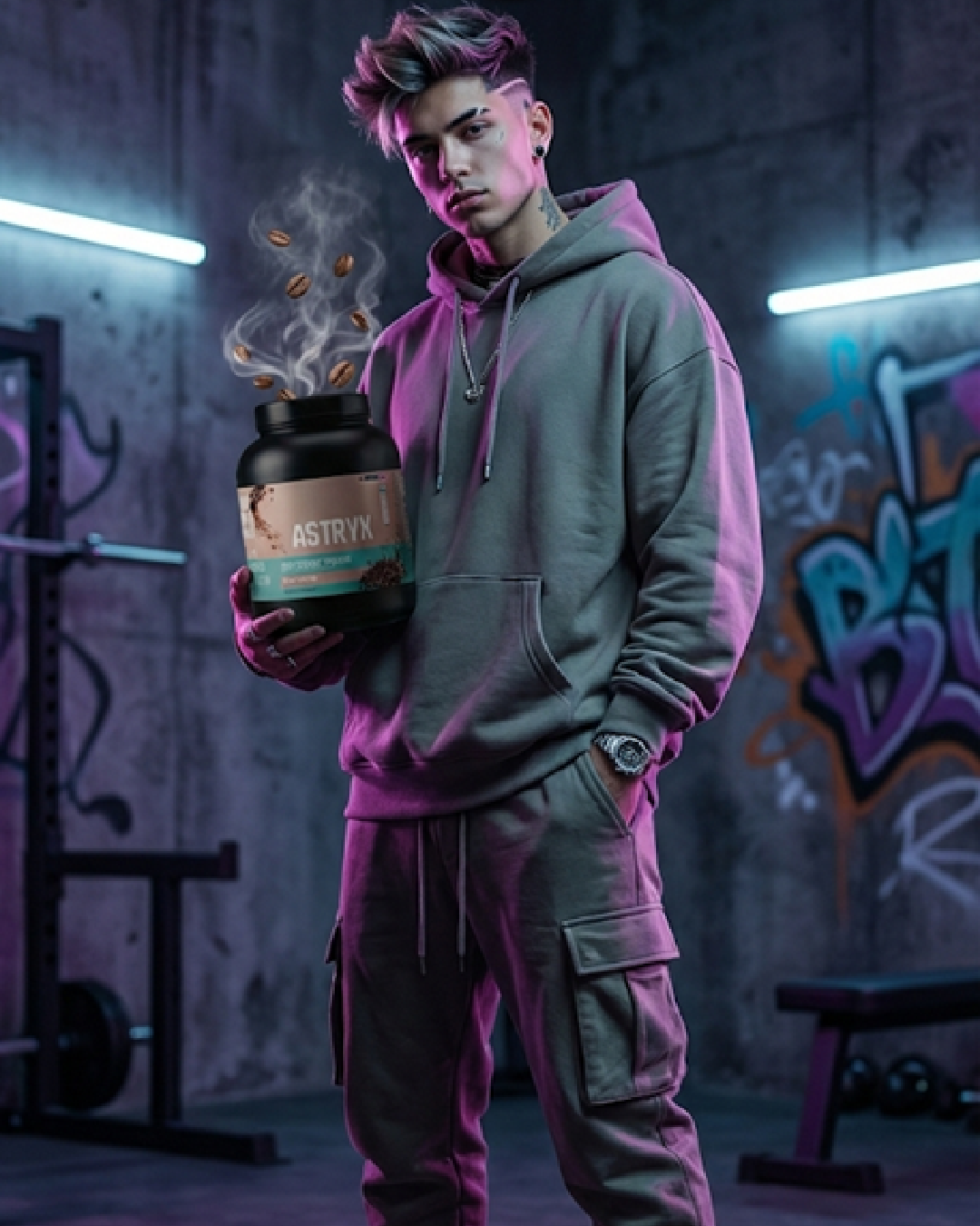 Person holding a protein supplement container in a gym setting with graffiti on the wall.